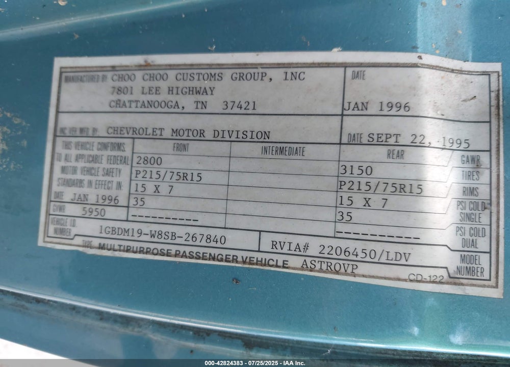 1995 CHEVROLET ASTRO VIN: 1GBDM19W8SB267840