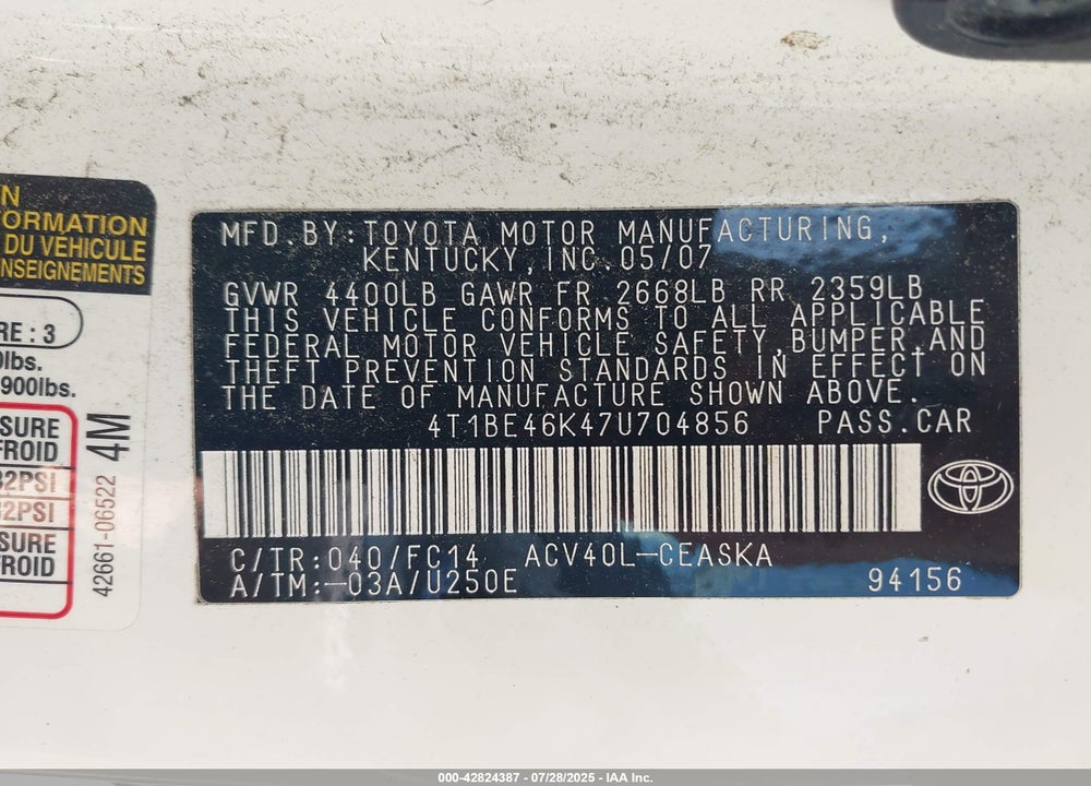 2007 TOYOTA CAMRY VIN: 4T1BE46K47U704856