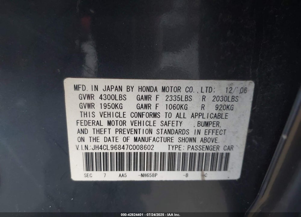 2007 ACURA TSX VIN: JH4CL96847C008602