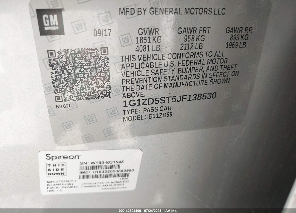 2018 CHEVROLET MALIBU VIN: 1G1ZD5ST5JF138530