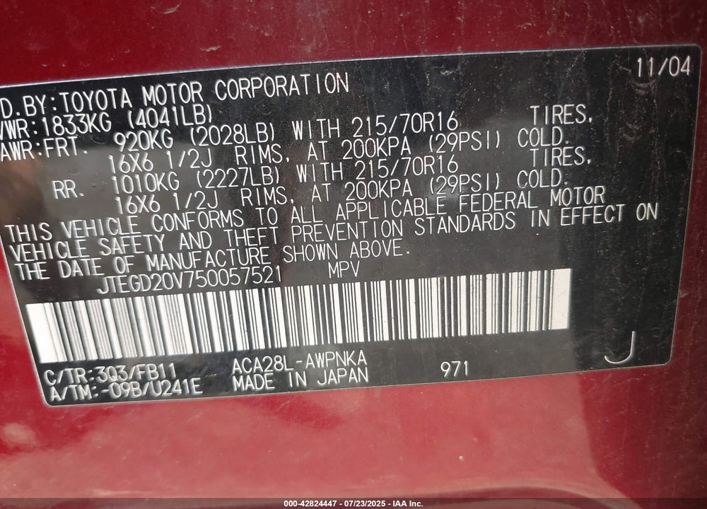 2005 TOYOTA RAV4 VIN: JTEGD20V750057521