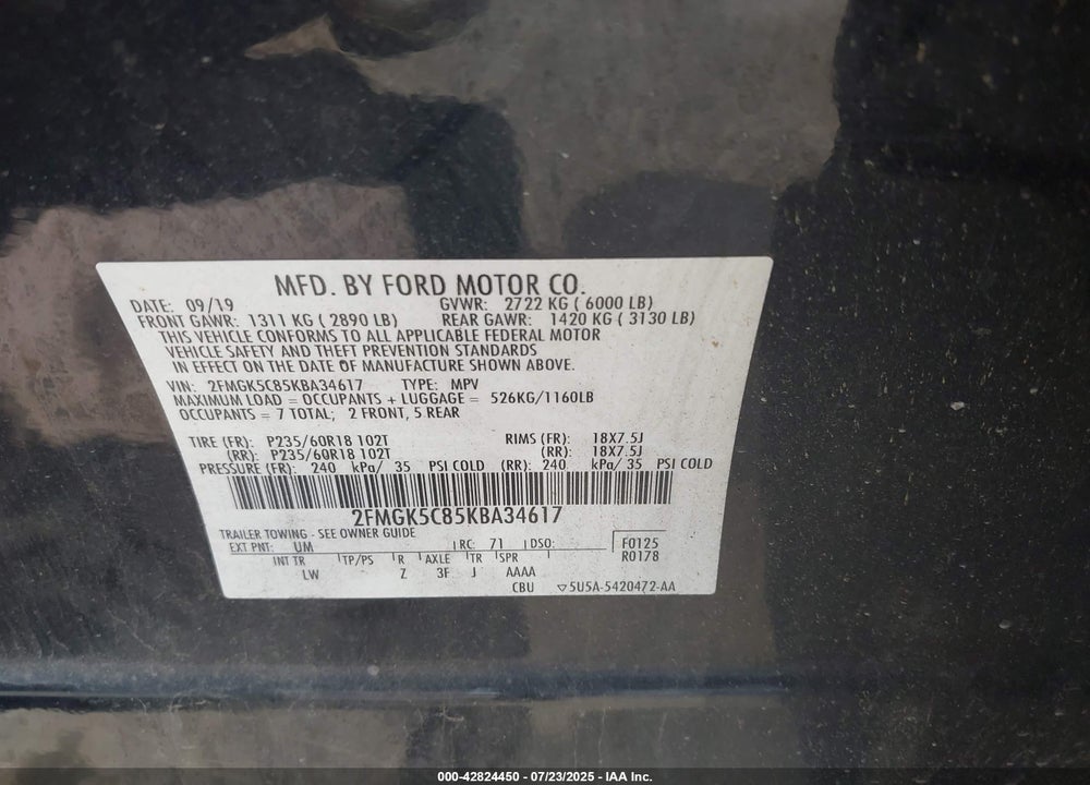 2019 FORD FLEX VIN: 2FMGK5C85KBA34617