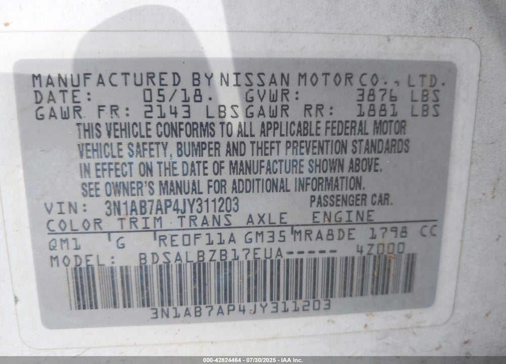 2018 NISSAN SENTRA VIN: 3N1AB7AP4JY311203