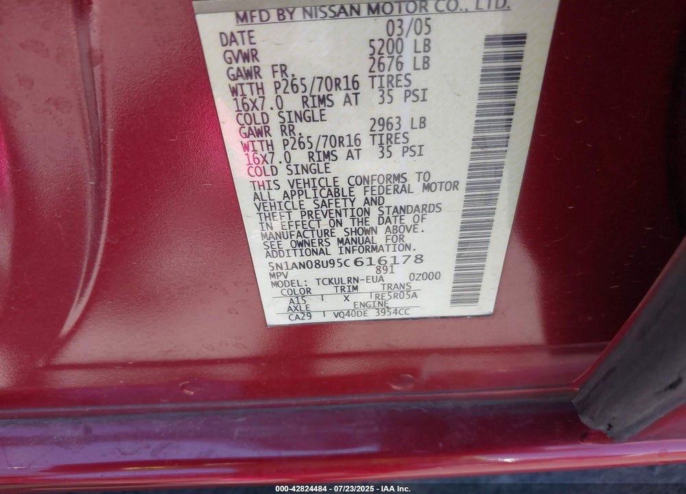2005 NISSAN XTERRA VIN: 5N1AN08U95C616178