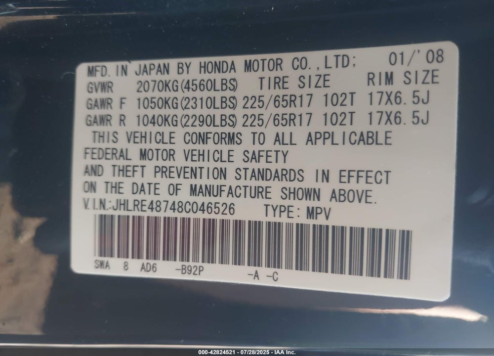 2008 HONDA CR-V VIN: JHLRE48748C046526