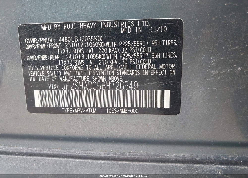 2011 SUBARU FORESTER VIN: JF2SHADC5BH726549