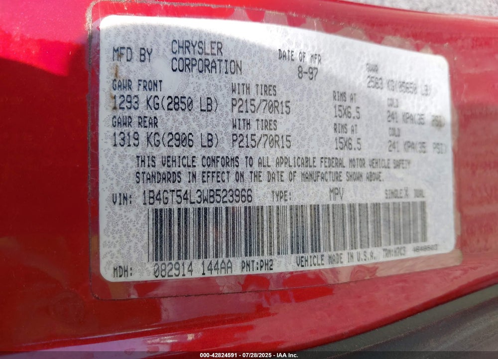 1998 DODGE GRAND CARAVAN ES/LE VIN: 1B4GT54L3WB523966