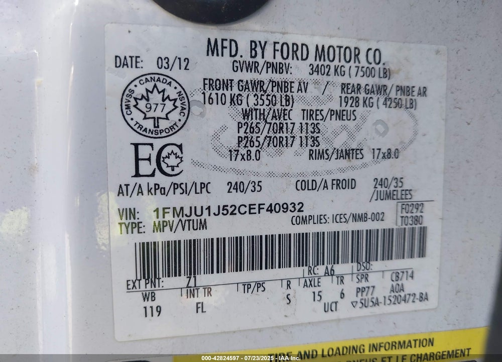 2012 FORD EXPEDITION VIN: 1FMJU1J52CEF40932