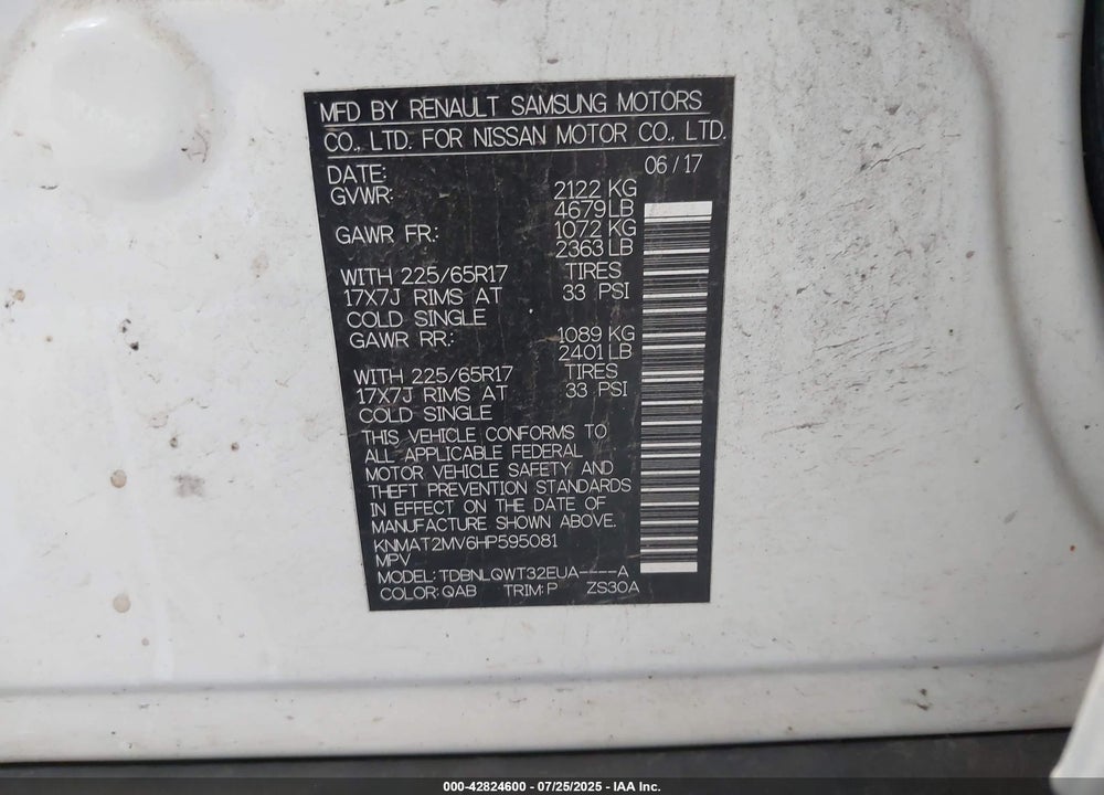 2017 NISSAN ROGUE SV VIN: KNMAT2MV6HP595081