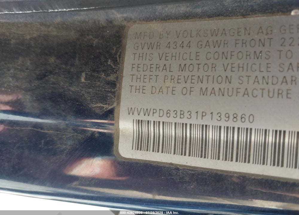 2001 VOLKSWAGEN PASSAT GLS VIN: WVWPD63B31P139860