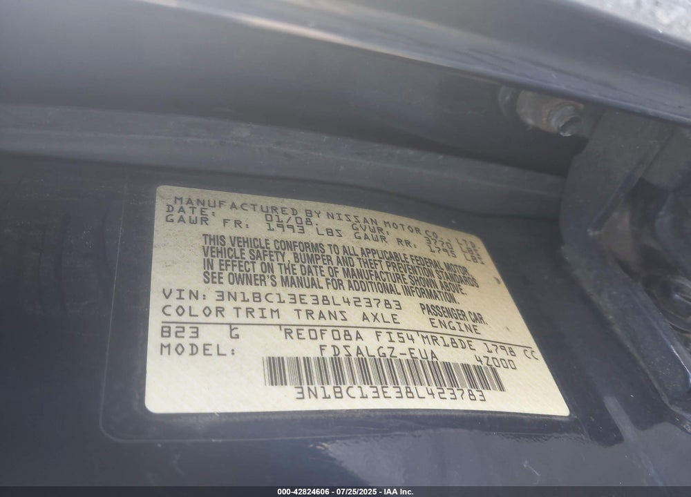 2008 NISSAN VERSA VIN: 3N1BC13E38L423783