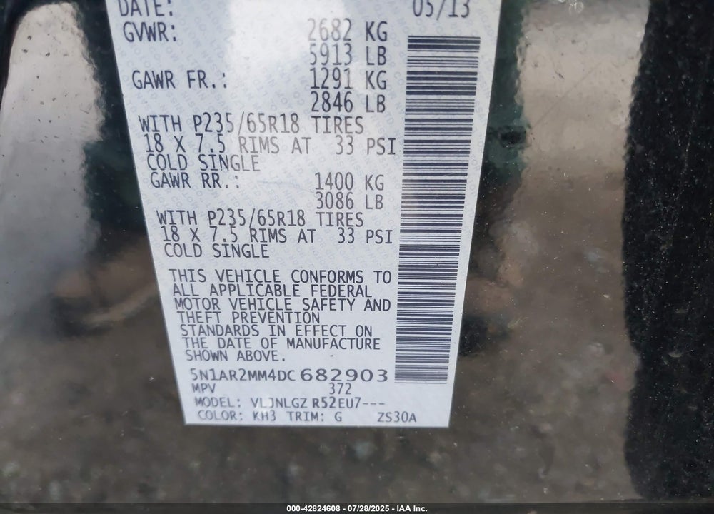 2013 NISSAN PATHFINDER VIN: 5N1AR2MM4DC682903