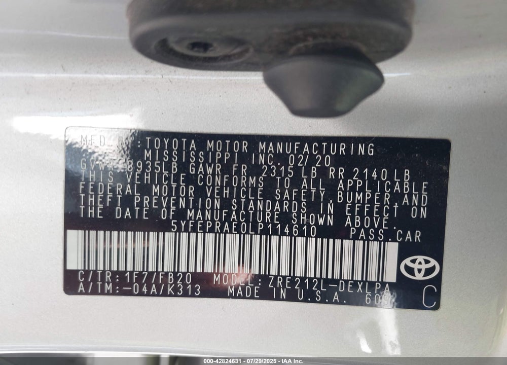 2020 TOYOTA COROLLA LE VIN: 5YFEPRAE0LP114610