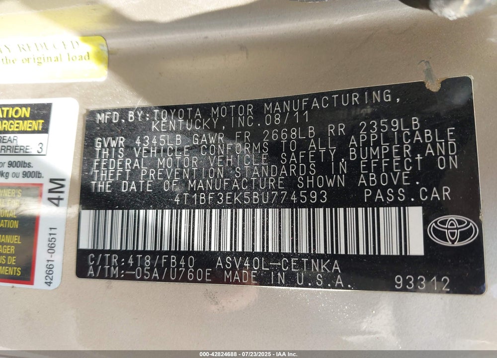 2011 TOYOTA CAMRY LE VIN: 4T1BF3EK5BU774593