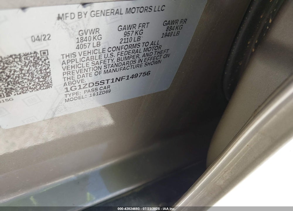2022 CHEVROLET MALIBU VIN: 1G1ZD5ST1NF149756