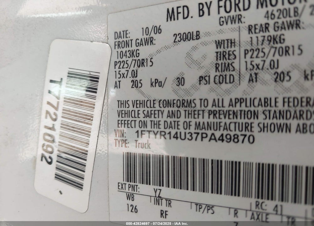 2007 FORD RANGER VIN: 1FTYR14U37PA49870