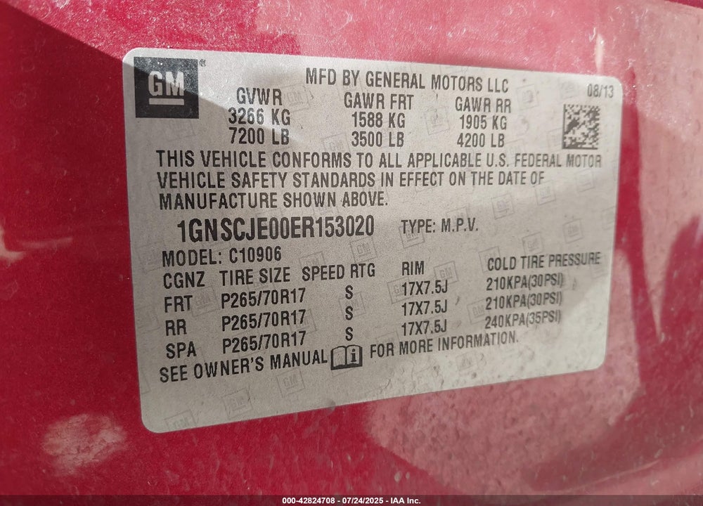 2014 CHEVROLET SUBURBAN 1500 VIN: 1GNSCJE00ER153020