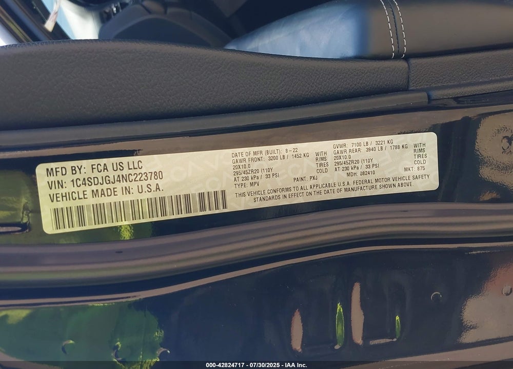 2022 DODGE DURANGO VIN: 1C4SDJGJ4NC223780