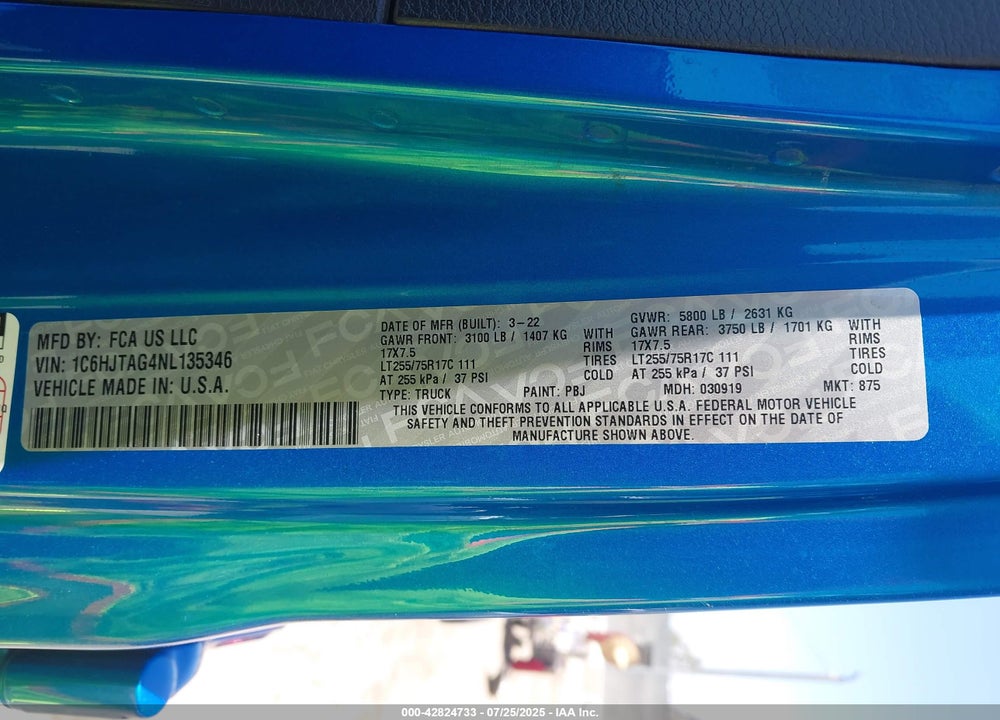 2022 JEEP GLADIATOR SPORT VIN: 1C6HJTAG4NL135346