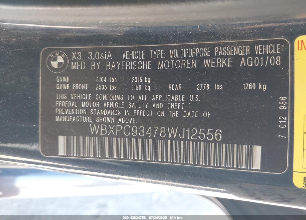 2008 BMW X3 VIN: WBXPC93478WJ12556