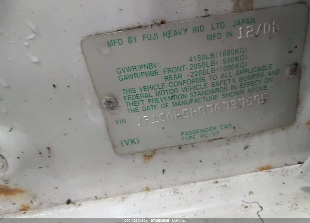 2007 SUBARU FORESTER VIN: JF1SG65697G737595