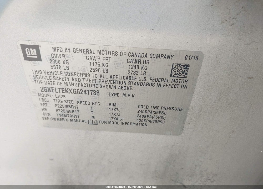 2016 GMC TERRAIN VIN: 2GKFLTEKXG6247738