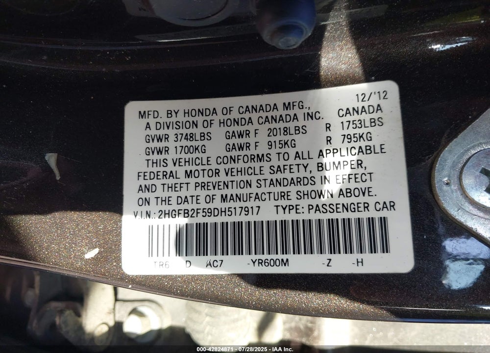 2013 HONDA CIVIC VIN: 2HGFB2F59DH517917