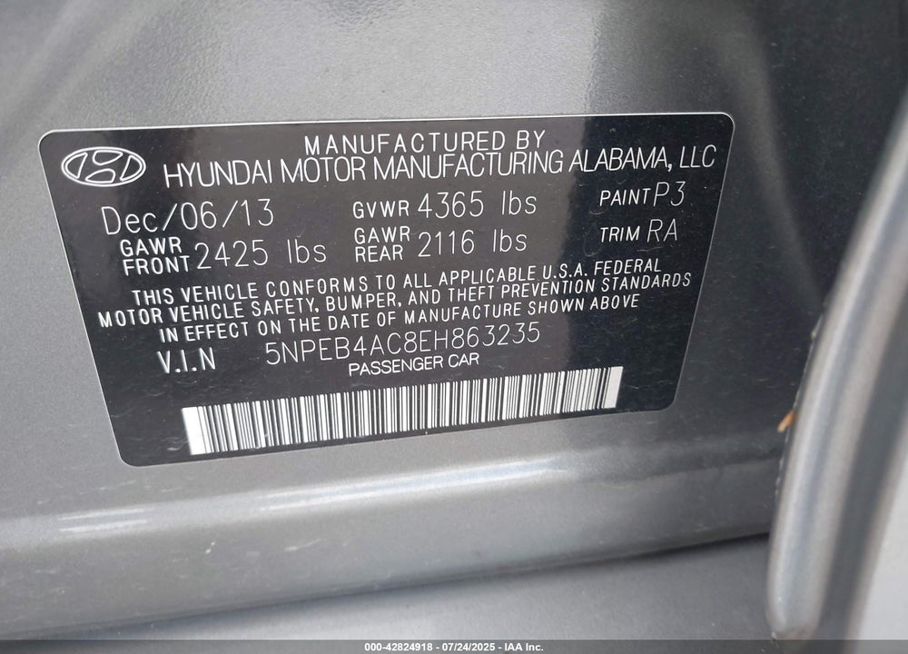 2014 HYUNDAI SONATA VIN: 5NPEB4AC8EH863235