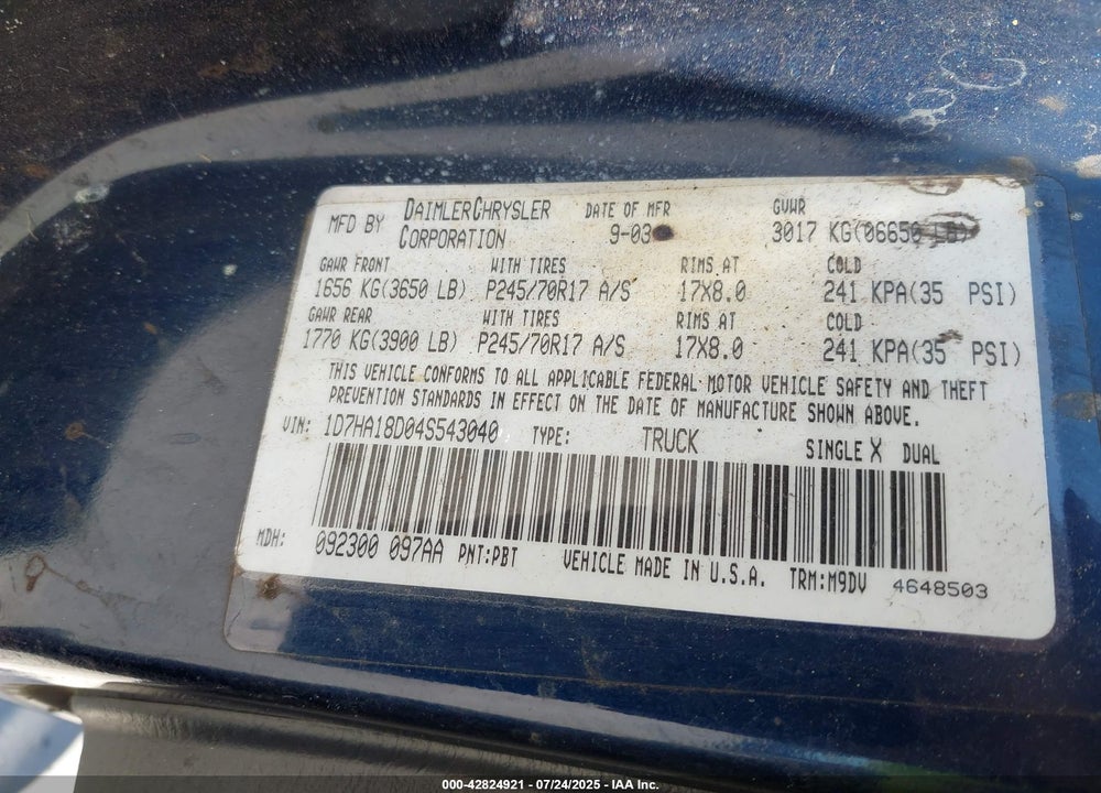 2004 DODGE RAM 1500 SLT/LARAMIE VIN: 1D7HA18D04S543040