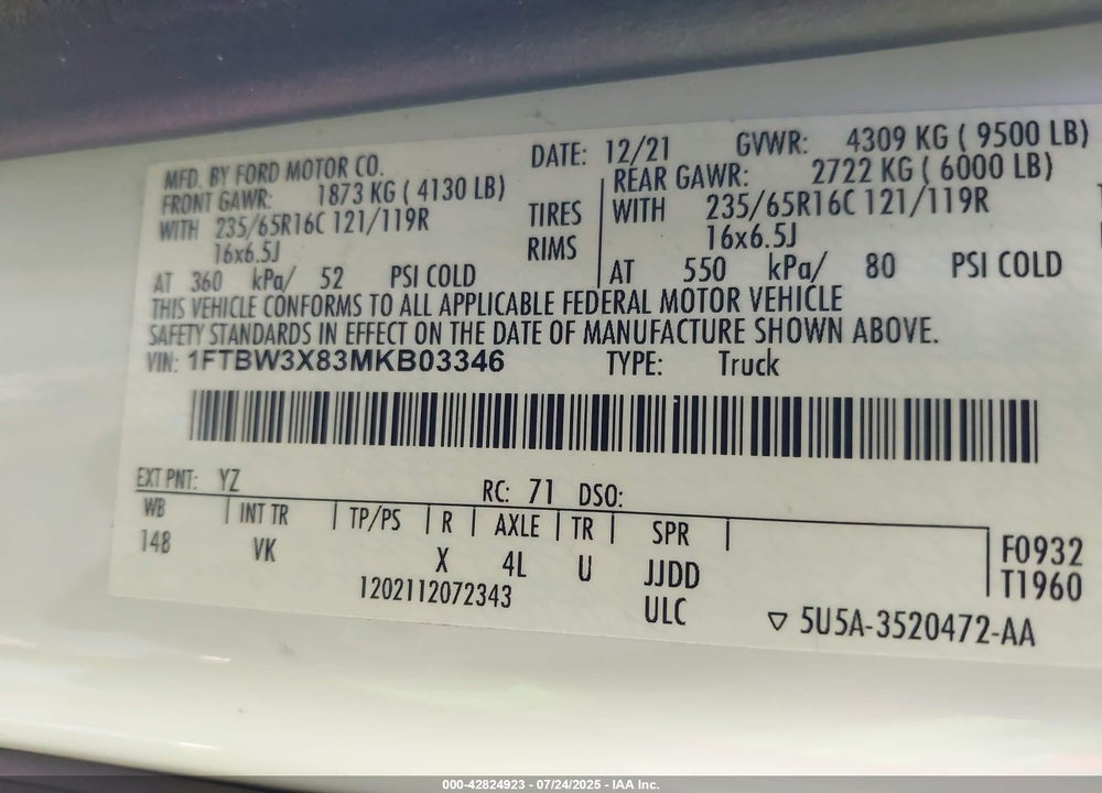 2021 FORD TRANSIT-350 CARGO VAN VIN: 1FTBW3X83MKB03346