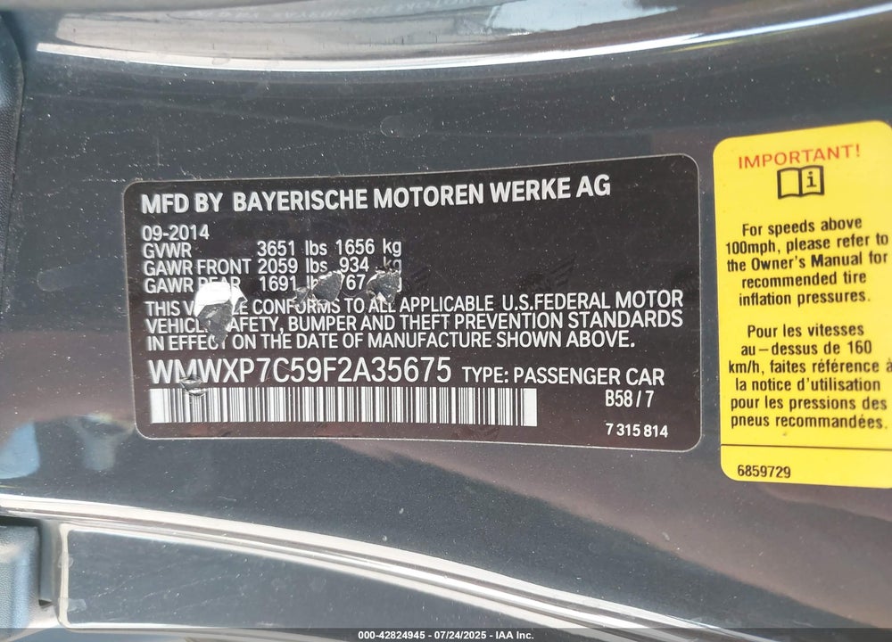 2015 MINI HARDTOP COOPER S VIN: WMWXP7C59F2A35675