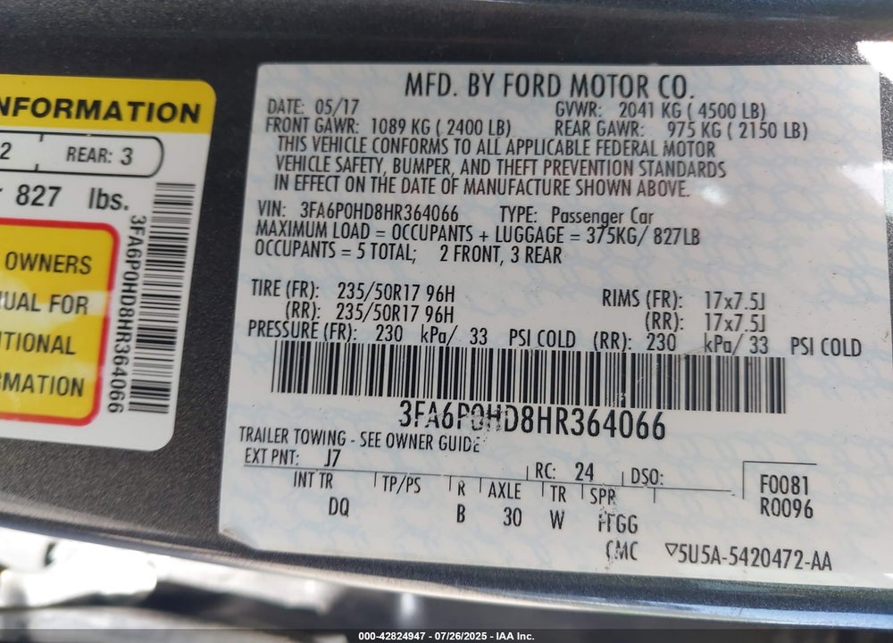 2017 FORD FUSION VIN: 3FA6P0HD8HR364066