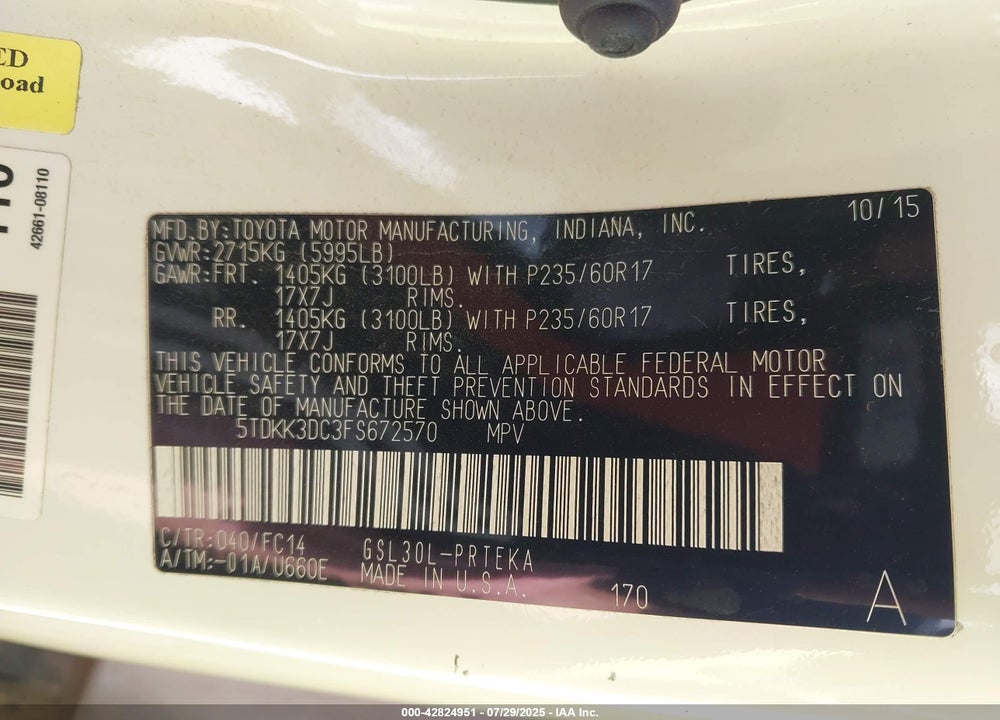 2015 TOYOTA SIENNA LE 8 PASSENGER VIN: 5TDKK3DC3FS672570