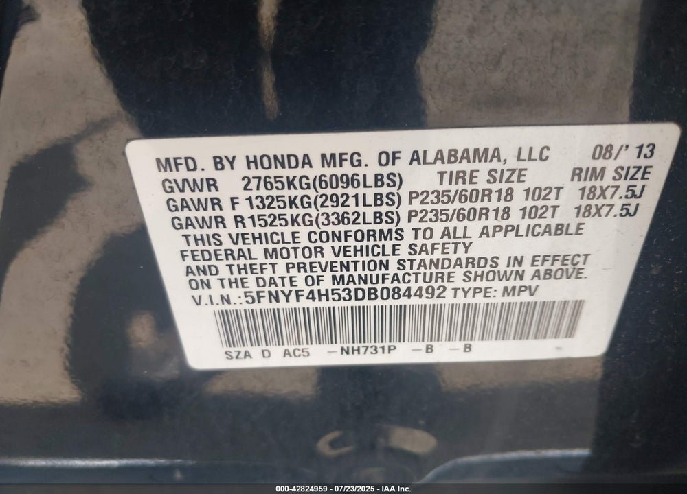 2013 HONDA PILOT VIN: 5FNYF4H53DB084492