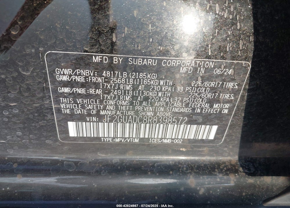 2024 SUBARU CROSSTREK VIN: JF2GUADC8R8398572