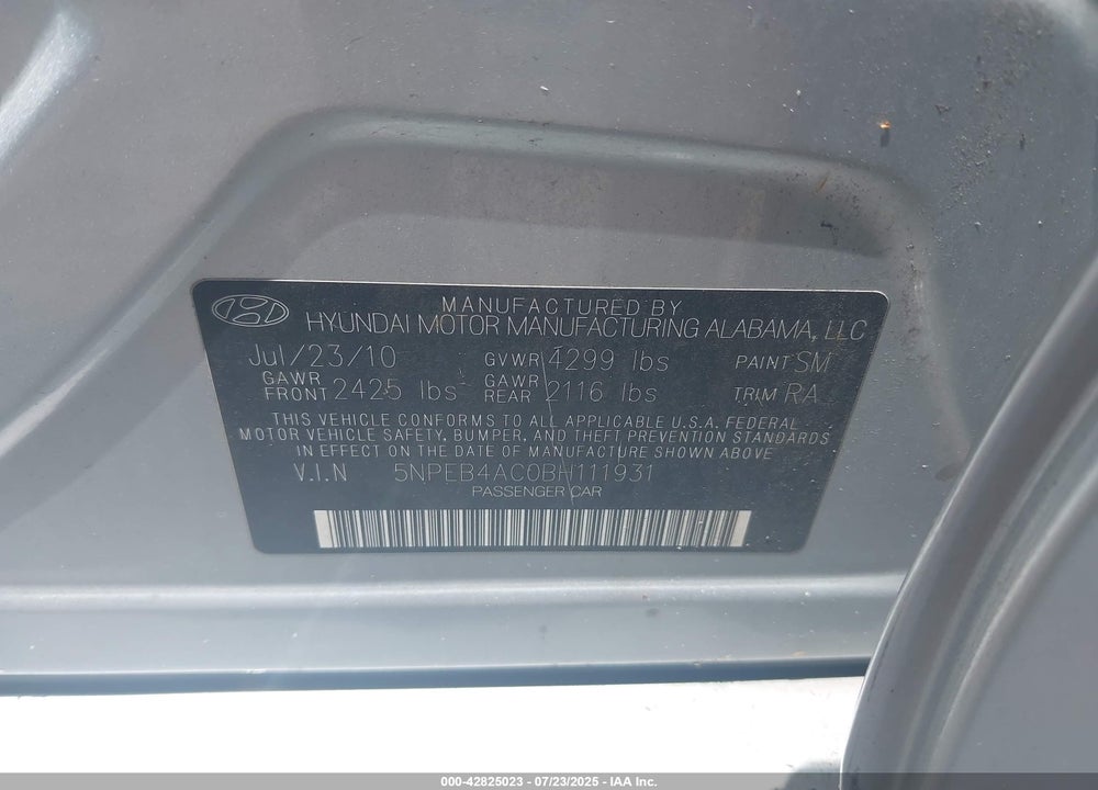 2011 HYUNDAI SONATA VIN: 5NPEB4AC0BH111931