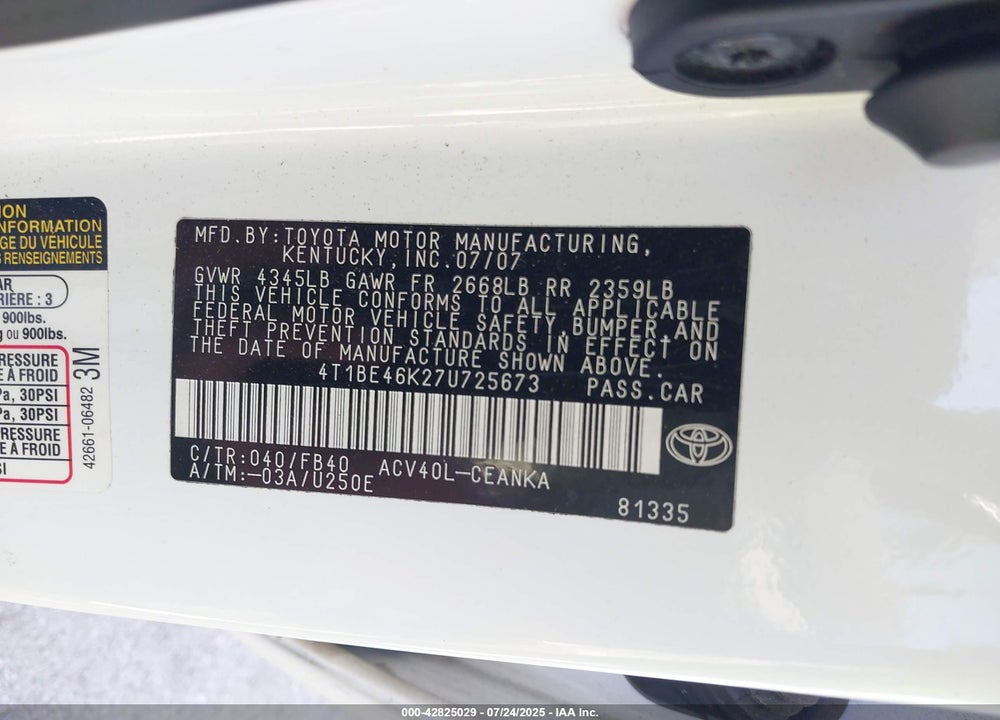 2007 TOYOTA CAMRY VIN: 4T1BE46K27U725673
