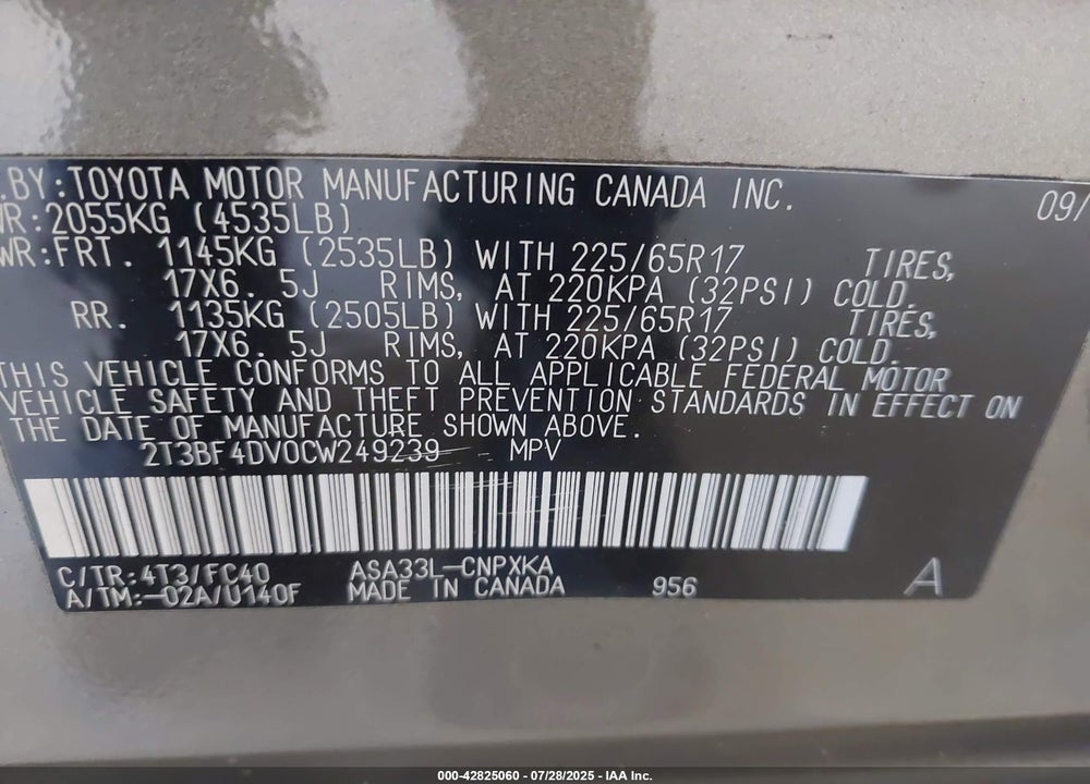 2012 TOYOTA RAV4 VIN: 2T3BF4DV0CW249239