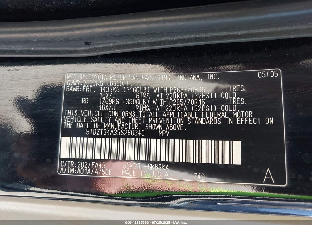2005 TOYOTA SEQUOIA SR5 V8 VIN: 5TDZT34A35S260349