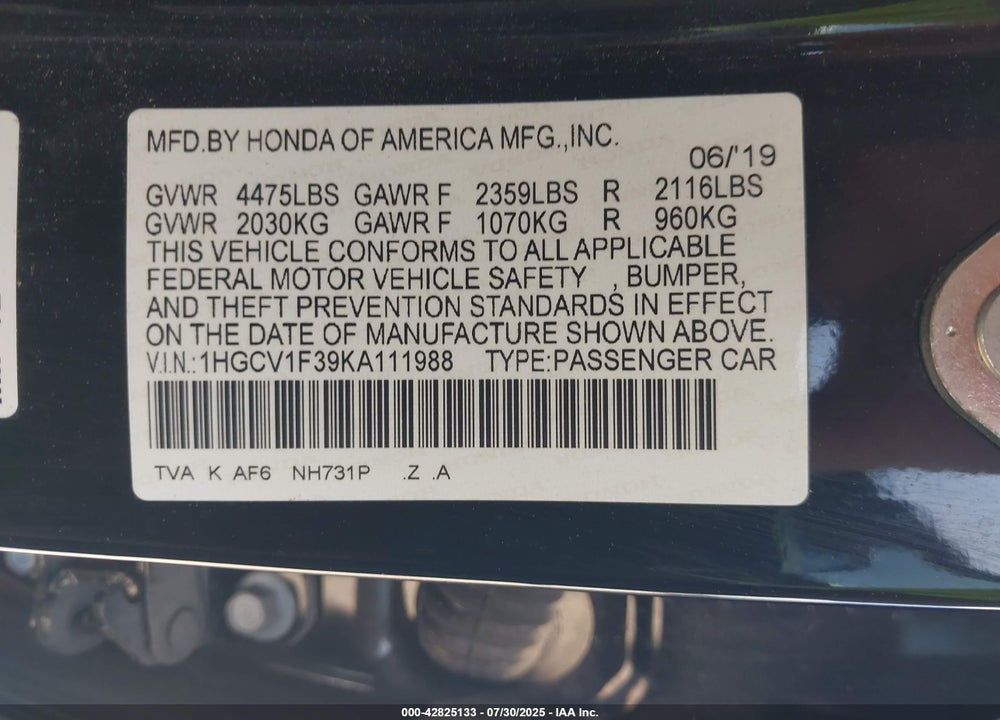 2019 HONDA ACCORD SPORT VIN: 1HGCV1F39KA111988