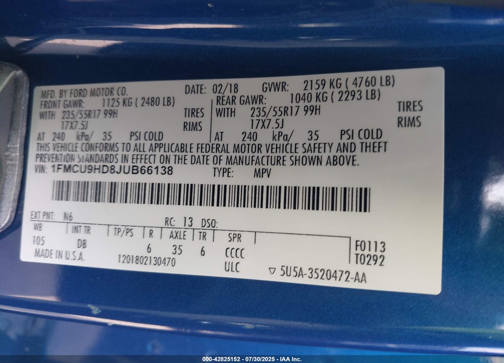 2018 FORD ESCAPE SEL VIN: 1FMCU9HD8JUB66138