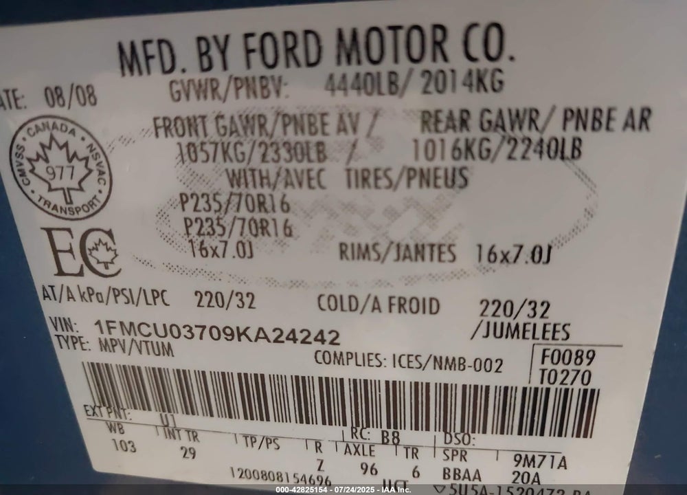 2009 FORD ESCAPE VIN: 1FMCU03709KA24242