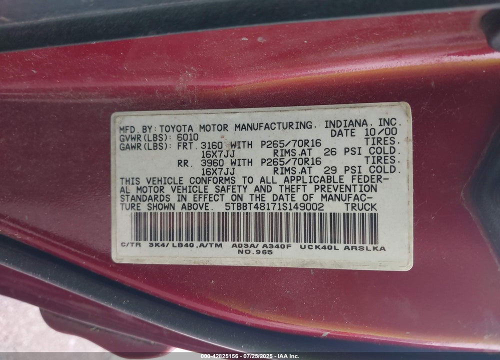 2001 TOYOTA TUNDRA VIN: 5TBBT48171S149002