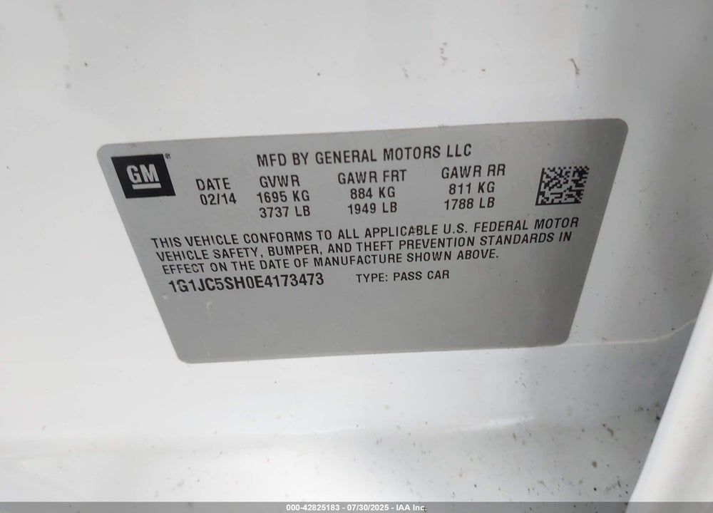 2014 CHEVROLET SONIC VIN: 1G1JC5SH0E4173473