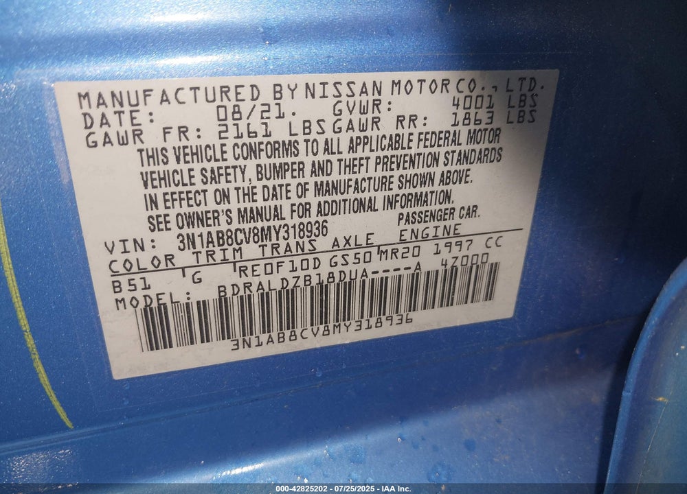 2021 NISSAN SENTRA VIN: 3N1AB8CV8MY318936