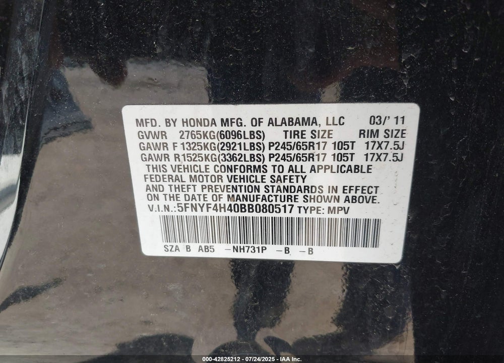 2011 HONDA PILOT VIN: 5FNYF4H40BB080517
