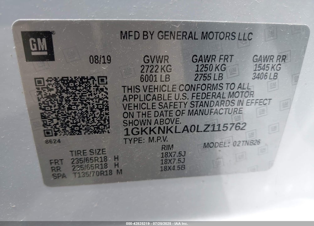 2020 GMC ACADIA VIN: 1GKKNKLA0LZ115762