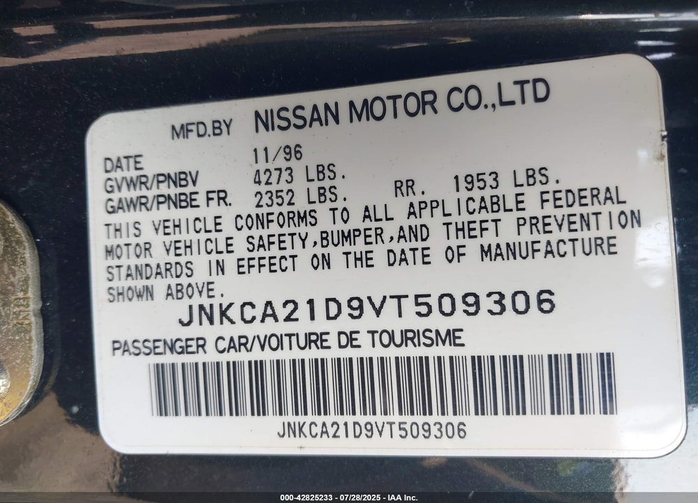 1997 INFINITI I30 VIN: JNKCA21D9VT509306