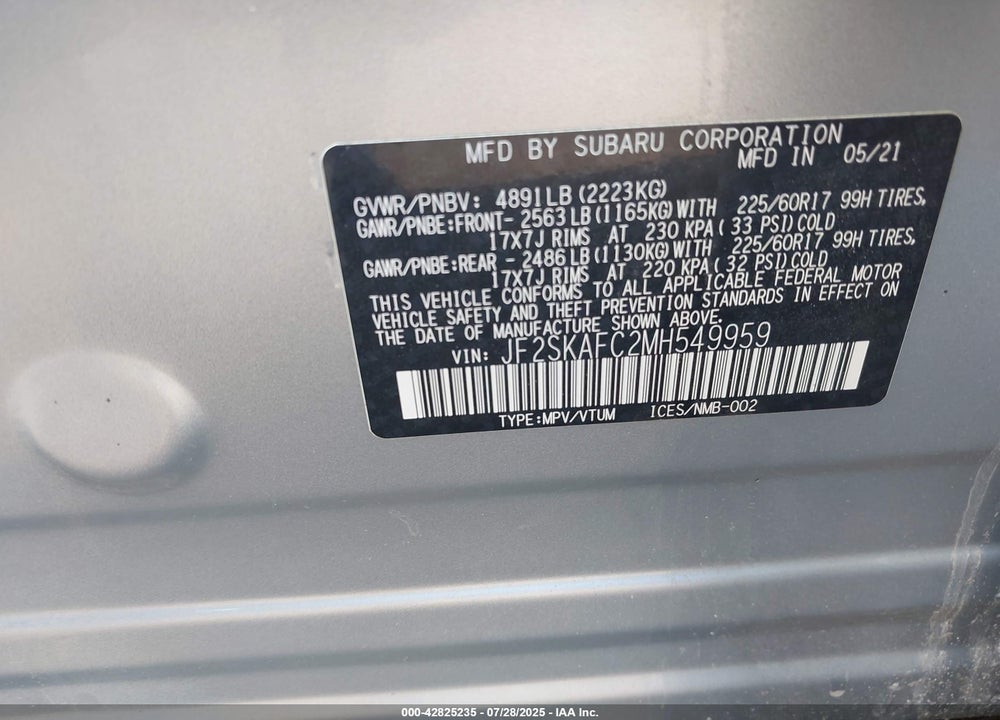 2021 SUBARU FORESTER VIN: JF2SKAFC2MH549959
