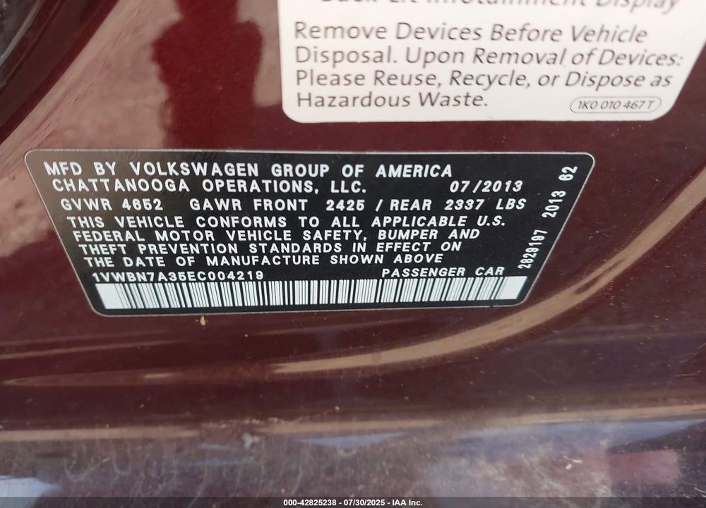 2014 VOLKSWAGEN PASSAT VIN: 1VWBN7A35EC004219